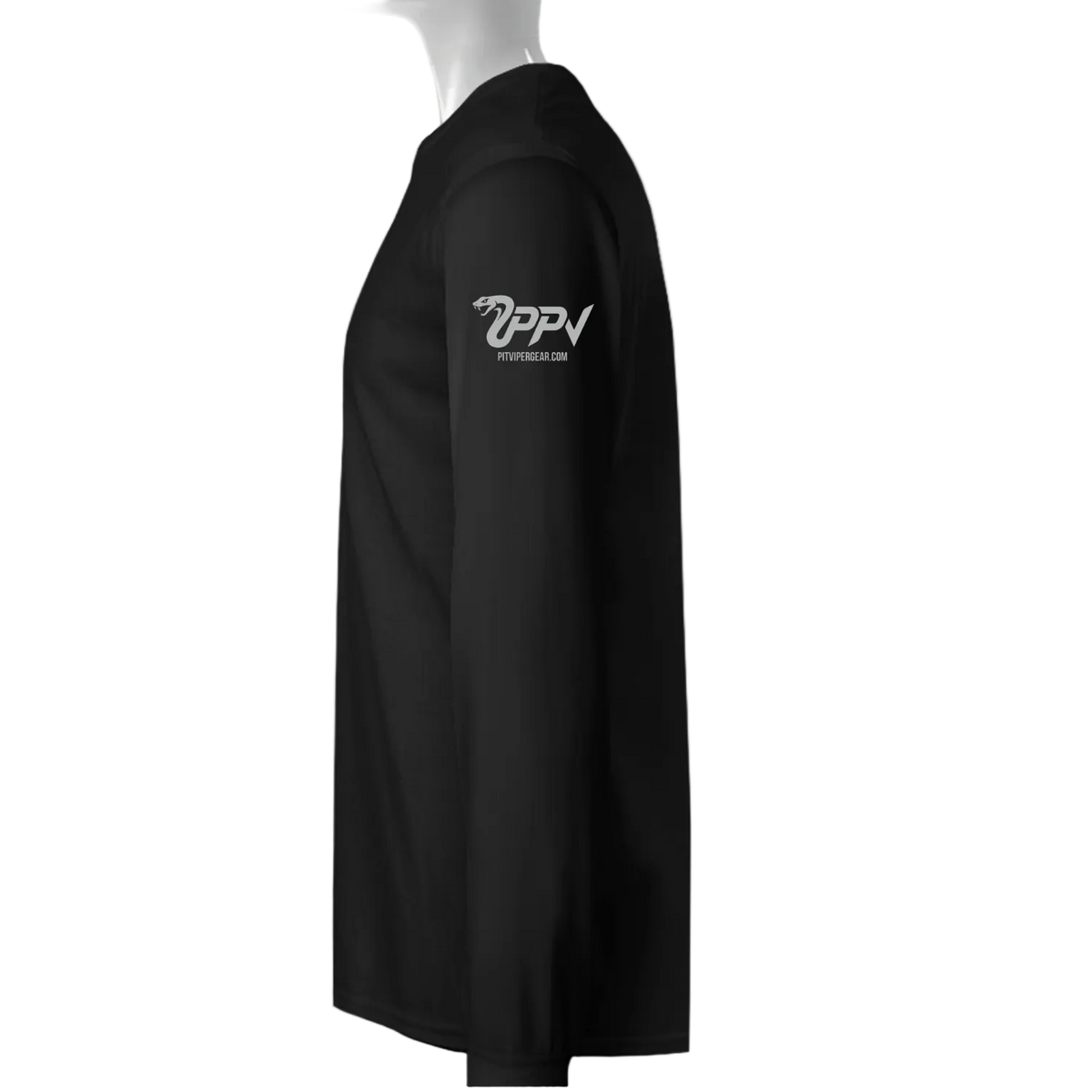 A black long-sleeve performance shirt shown from the side on a mannequin torso, featuring a white 'PPV' logo on the upper left chest.