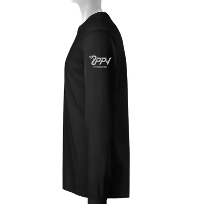A black long-sleeve performance shirt shown from the side on a mannequin torso, featuring a white 'PPV' logo on the upper left chest.